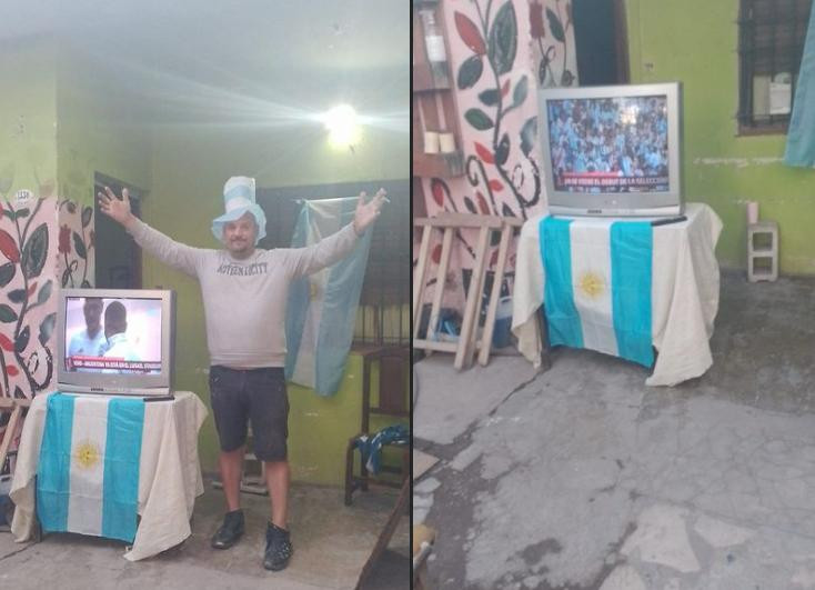Un hombre sacó su tele a la vereda para que la gente mire el partido. Foto: Facebook Leonardo Gabriel Morillo.