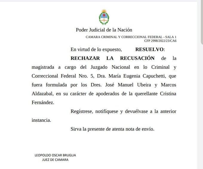 Fallo de la Cámara Federal sobre la jueza Capuchetti en el atentado contra Cristina Kichner. 