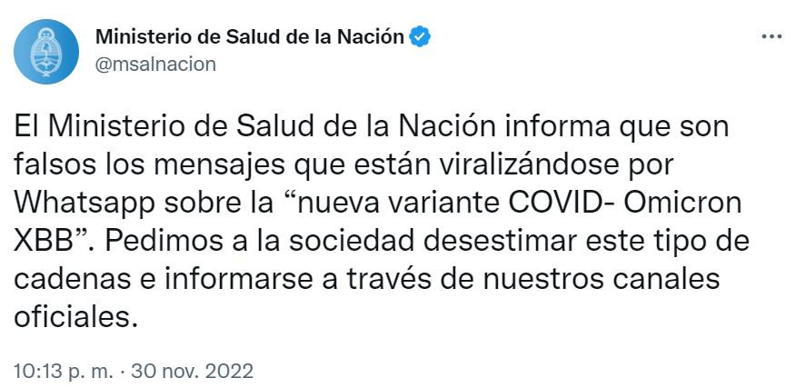 El tweet del Ministerio de Salud. Foto: Twitter.