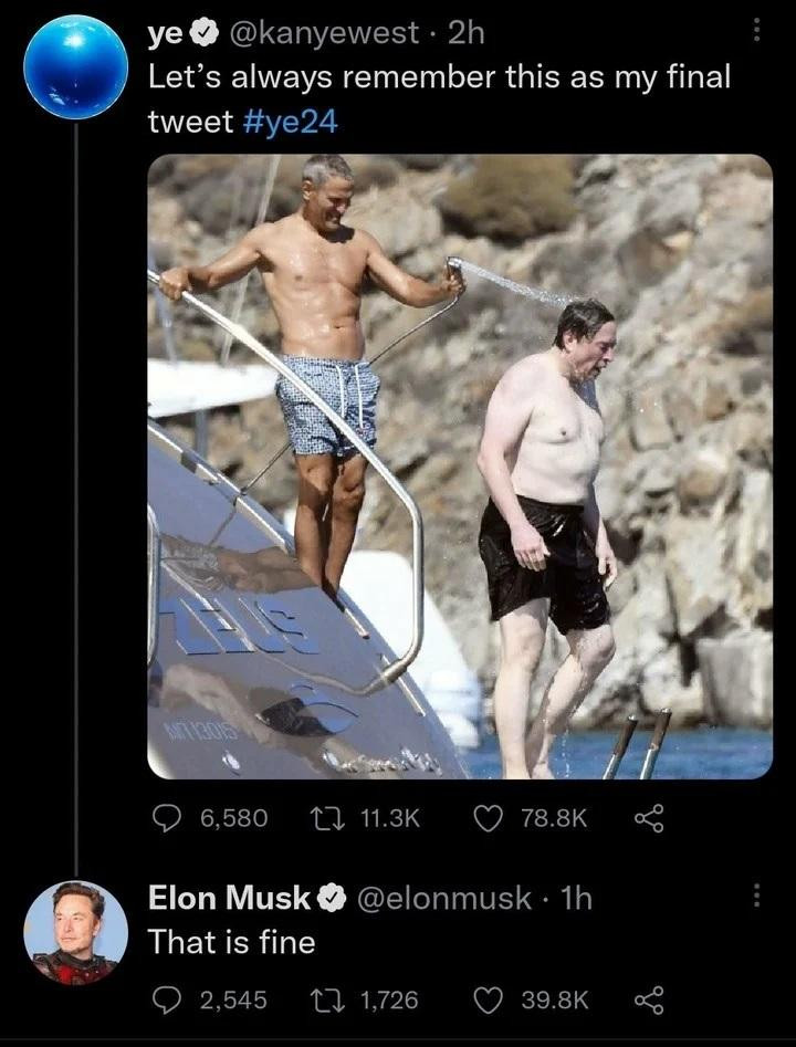 Mensaje en Twitter de Kanye West sobre Elon Musk.