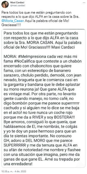 El descargo de Moria Casán. Foto: Twitter/maxi_cardaci