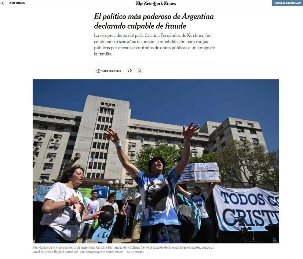 La nota de The New York Times sobre la condena de Cristina Fernández de Kirchner