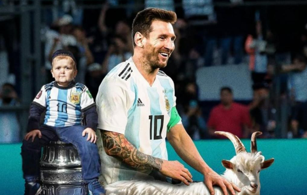 Hasbulla compartió una imagen junto a Messi y una cabra. Foto: NA.
