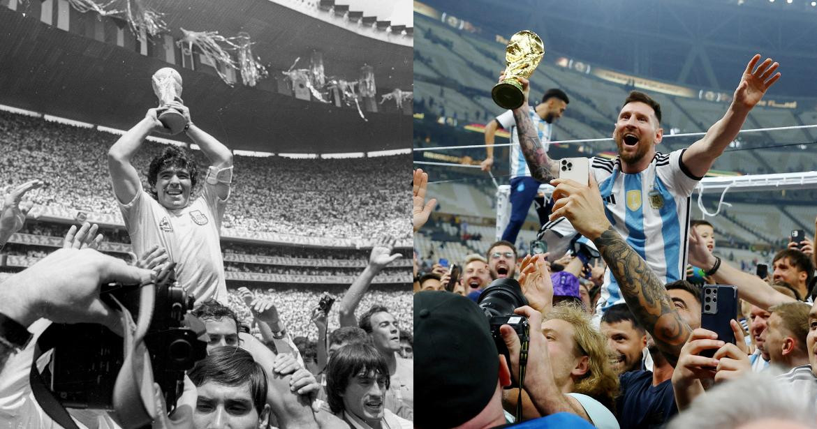 Diego Maradona y Lionel Messi con la Copa del Mundo. Foto: REUTERS.