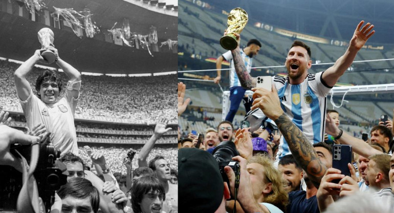 Diego Maradona y Lionel Messi con la Copa del Mundo. Foto: REUTERS.