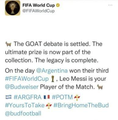 El polémico tweet que borró la FIFA. Foto: captura de pantalla.