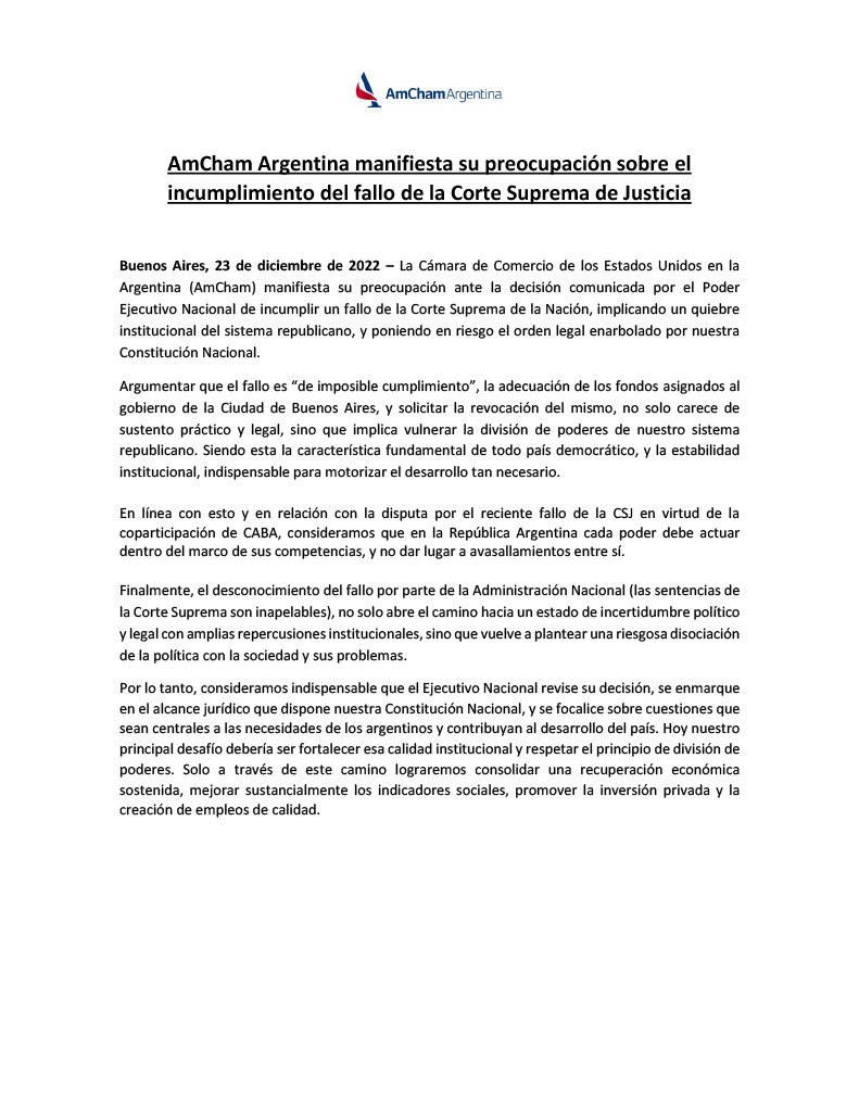 Comunicado de la Amcham por la decisión del Gobierno tras fallo de la Corte. Foto: AMCHAM.