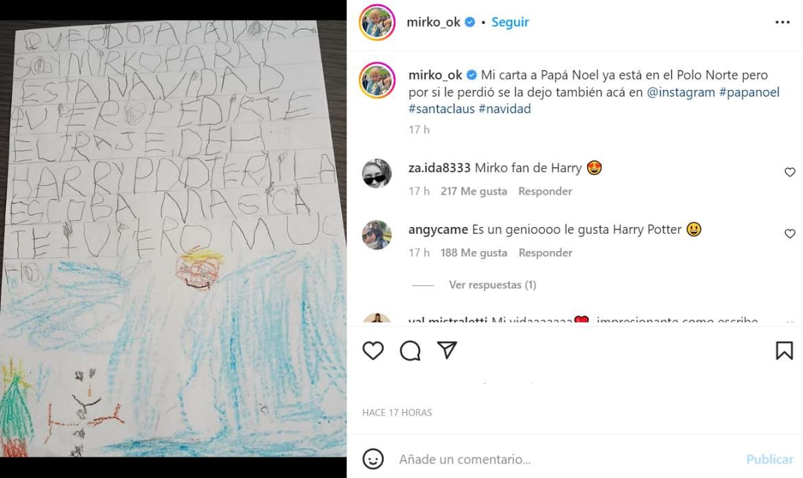 La carta de Mirko a Papá Noel. Foto: Instagram.