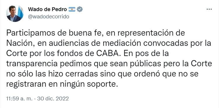 Coparticipación: Wado de Pedro twiteó sobre las audiencias de mediación por los fondos	
