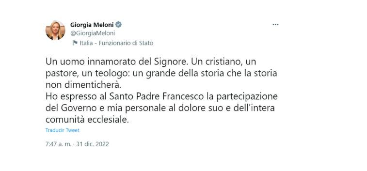 Mensaje de Giorgia Meloni sobre Benedicto XVI_NA