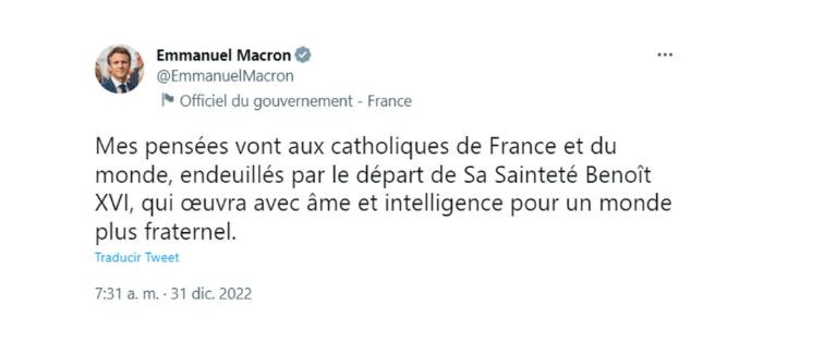 Mensaje de Emmanuel Macron sobre Benedicto XVI_NA