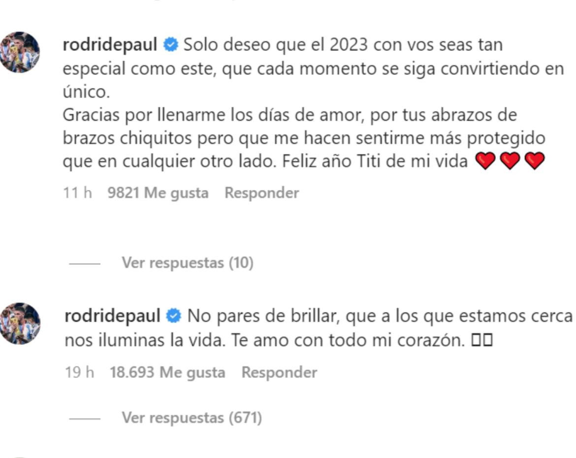 Los comentarios de De Paul en las fotos de Tini Stoessel. Foto: Instagram.