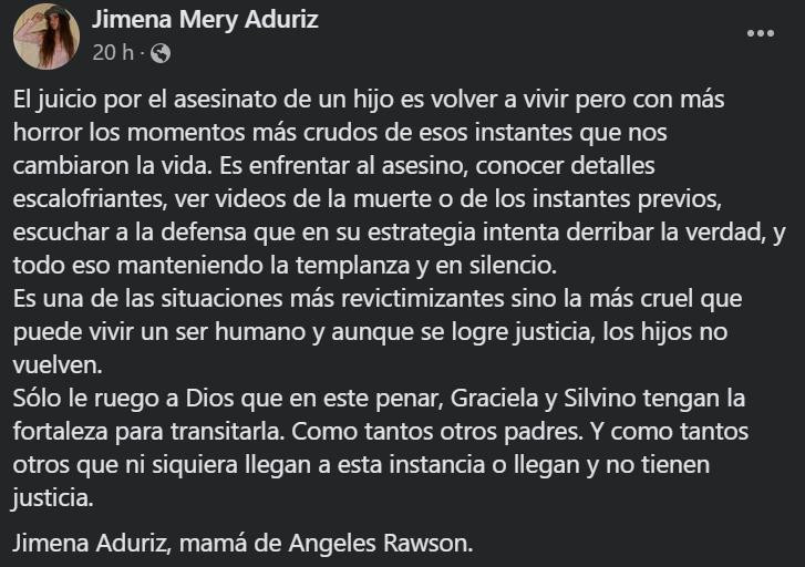 La carta de la mamá de Ángeles Rawson. Foto: Facebook.