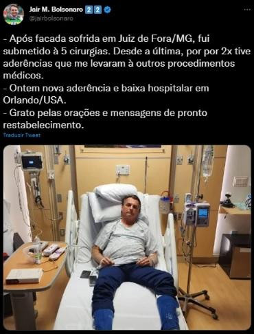 Jair Bolsonaro tuvo que ser internado en Orlando por una obstrucción intestinal y fue dado de alta	
