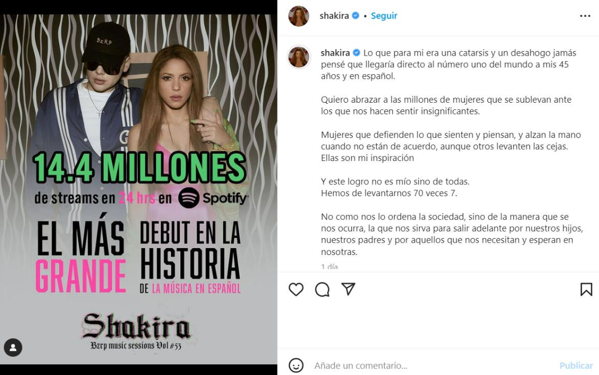 El descargo de Shakira. Foto: Instagram.