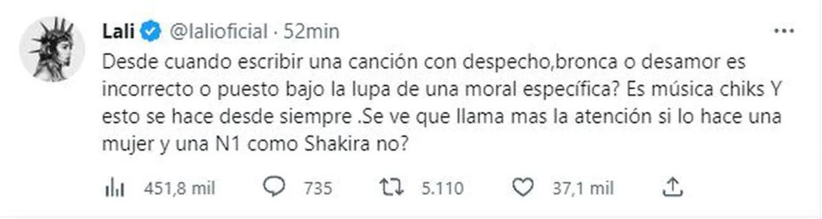 Lali en defensa a Shakira. Foto: Twitter.