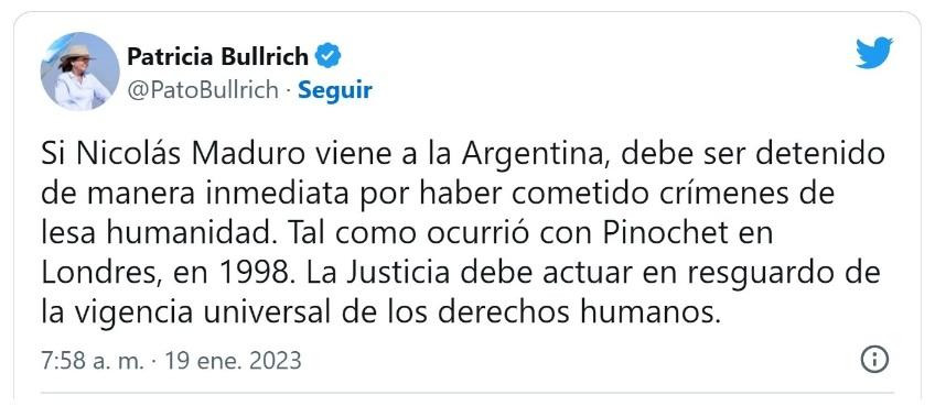 Tuit de Patricia Bullrich por Nicolás Maduro