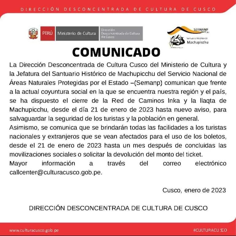 Comunicado por cierre de Machu Picchu