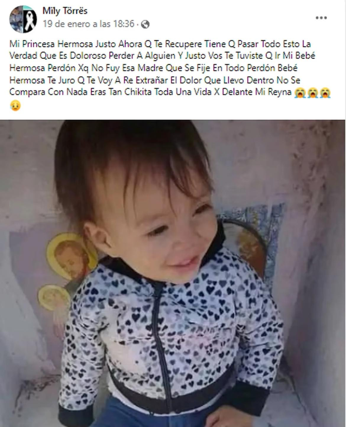 El escalofriante mensaje de la mamá de Milena, la nena de 2 años asesinada: “Perdón por no fijarme en todo”	