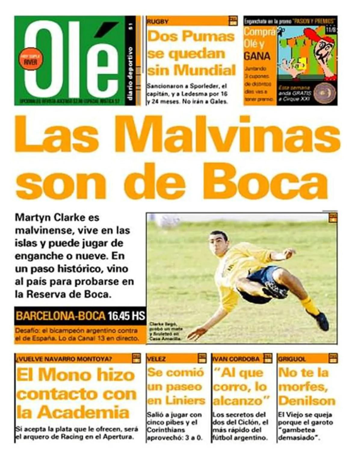 Tapa de Diario Ole sobre la llegada de Martyn Clarke a Boca. Foto: Ole