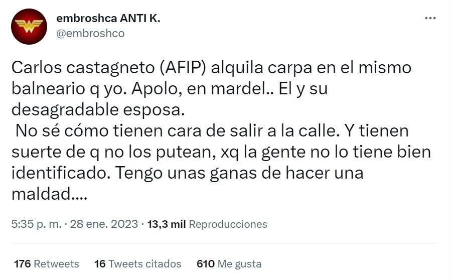 Tuit que amenaza al titular de la AFIP y su familia. Foto: captura de pantalla