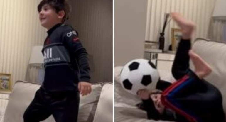 Ciro Messi imitó a "Dibu" Martínez en el living de la casa de París. Créditos: Instagram @leomessi.