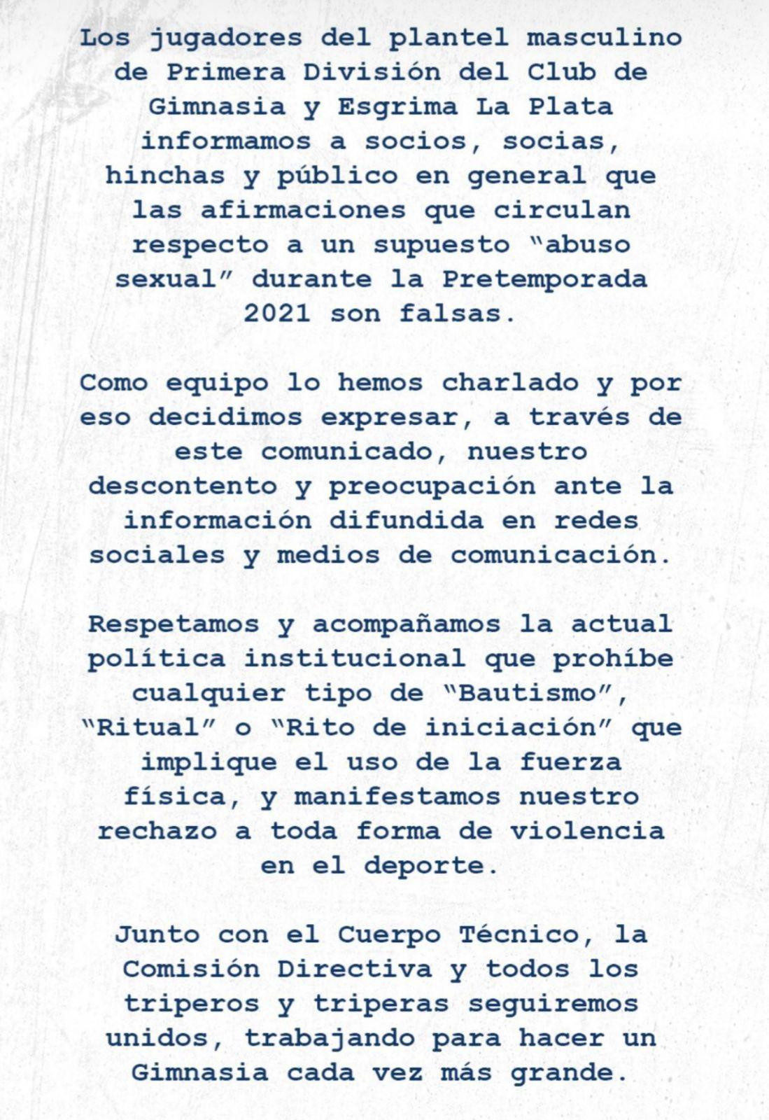 Comunicado de Gimnasia de La Plata tras denuncia de violencia en bautismos.