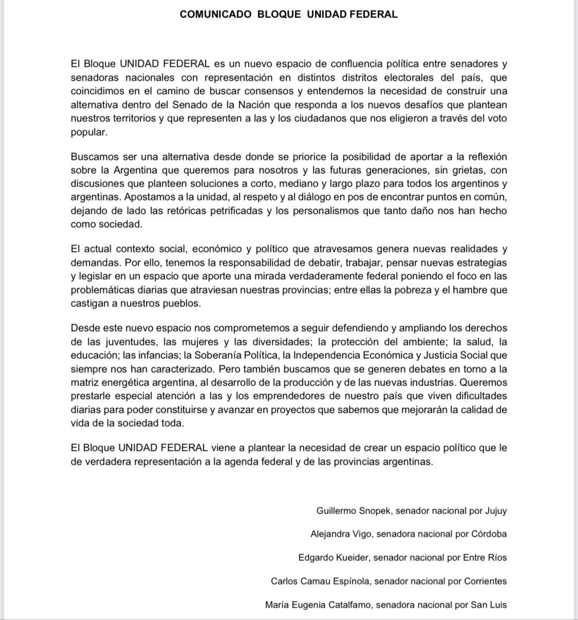 Comunicado del bloque Unidad Federal.