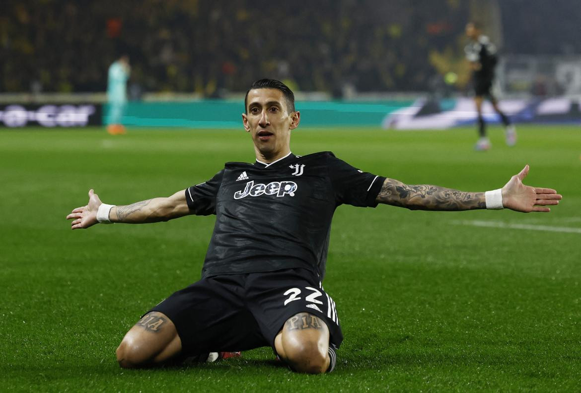 Festejo de Di María para la Juventus ante el Nantes por la Europa League. Foto: REUTERS.