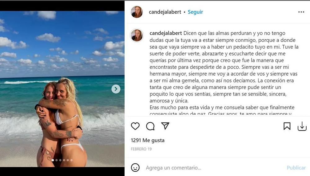 Publicación de la hermana de Agostina Jalabert. Foto: Instagram.