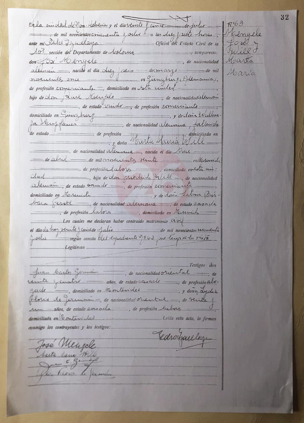 Josef Mengele y Marta María Will, certificado de casamiento, Foto Canal26.com
