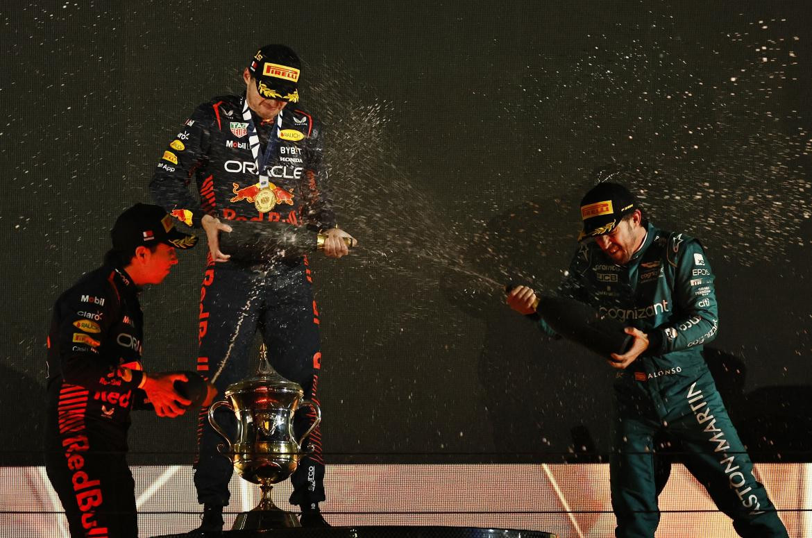 Alonso, Pérez y Verstappen; Gran Premio de Bahrein 2023. Foto: Reuters.