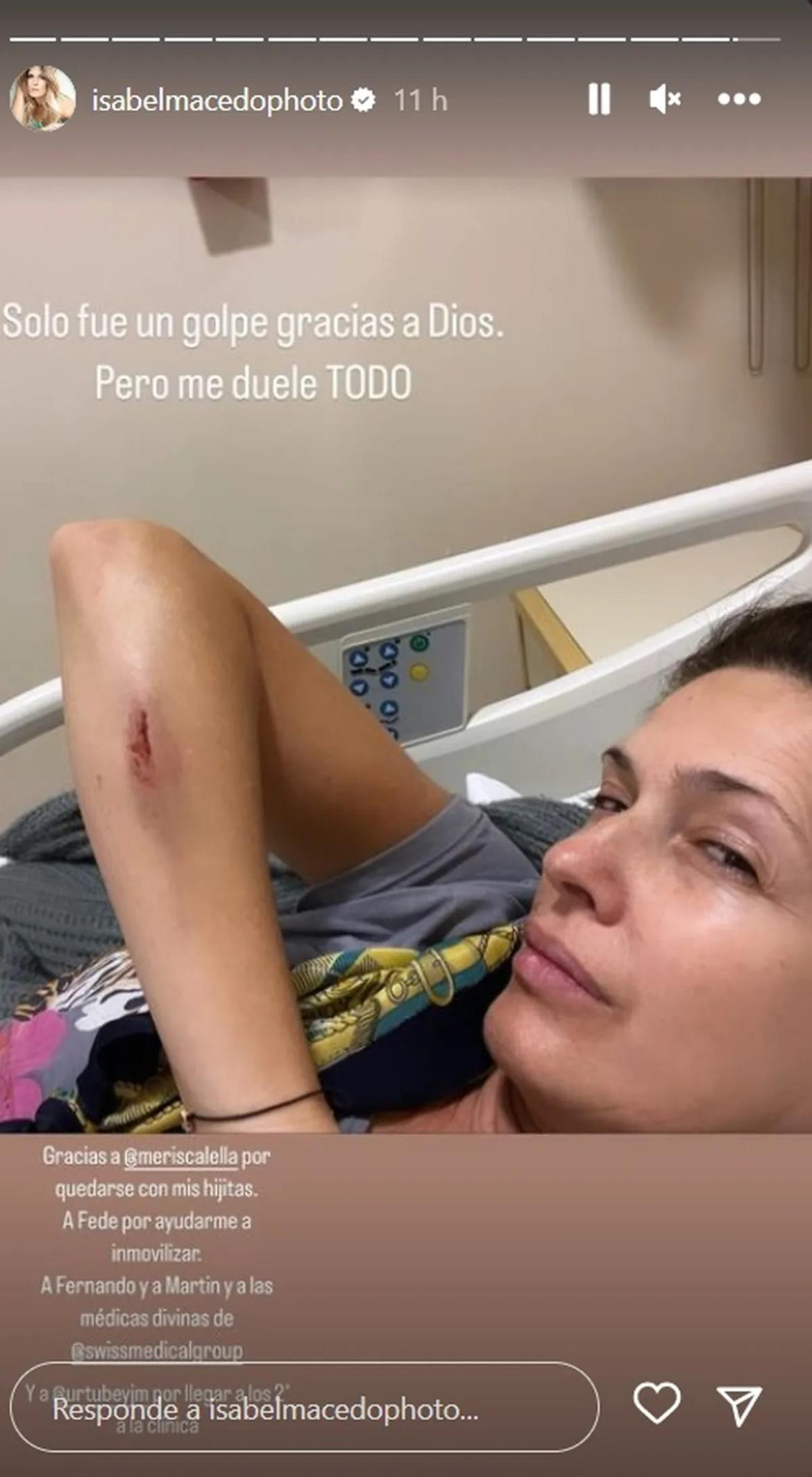 Posteo de Isabel Macedo tras su accidente doméstico. Foto: NA.