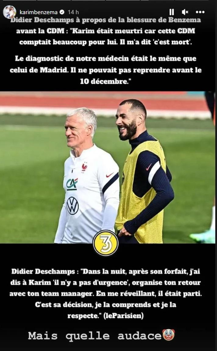 Mensaje de Karim Benzema para Didier Deschamps. Foto: @karimbenzema