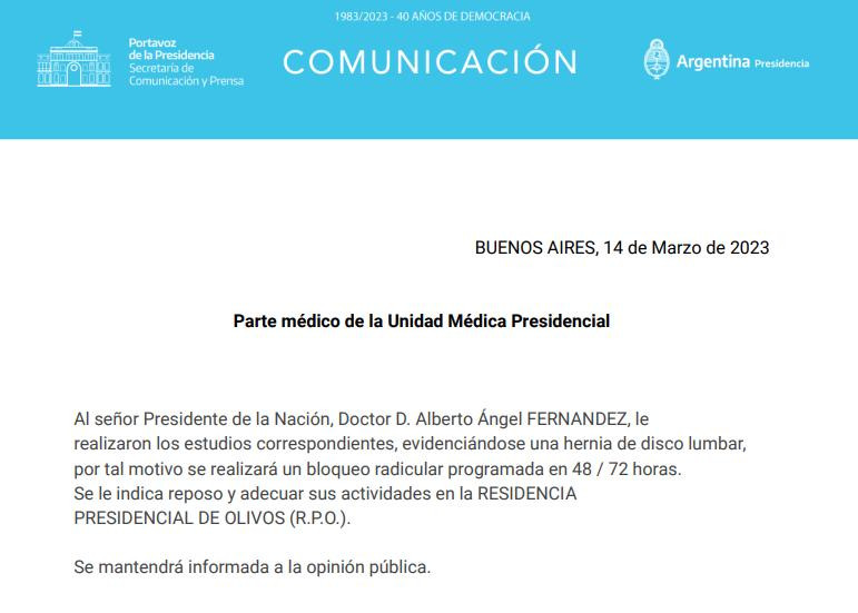 Último parte médico sobre Alberto Fernández. Foto: Unidad médica presidencial