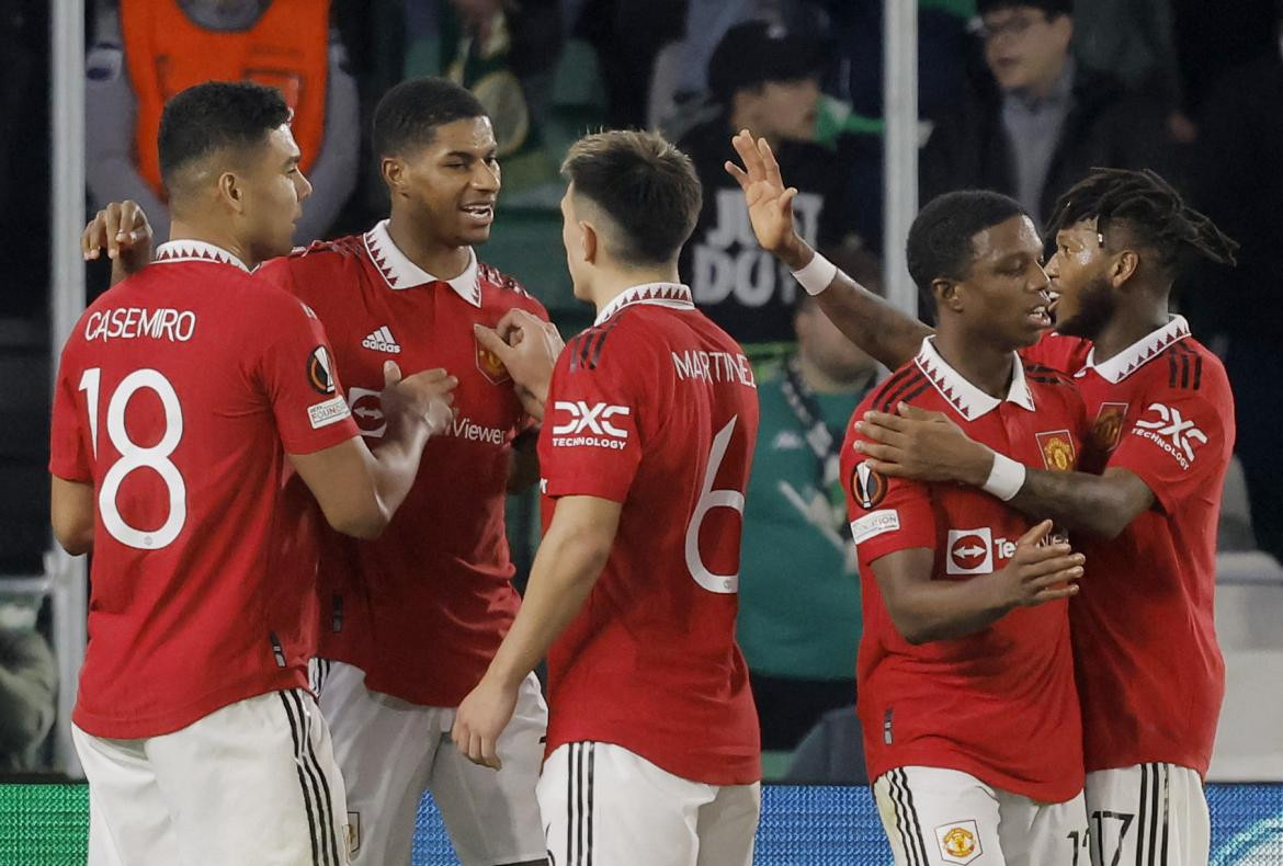 Festejo del Manchester United ante el Betis por la Europa League. Foto: REUTERS.