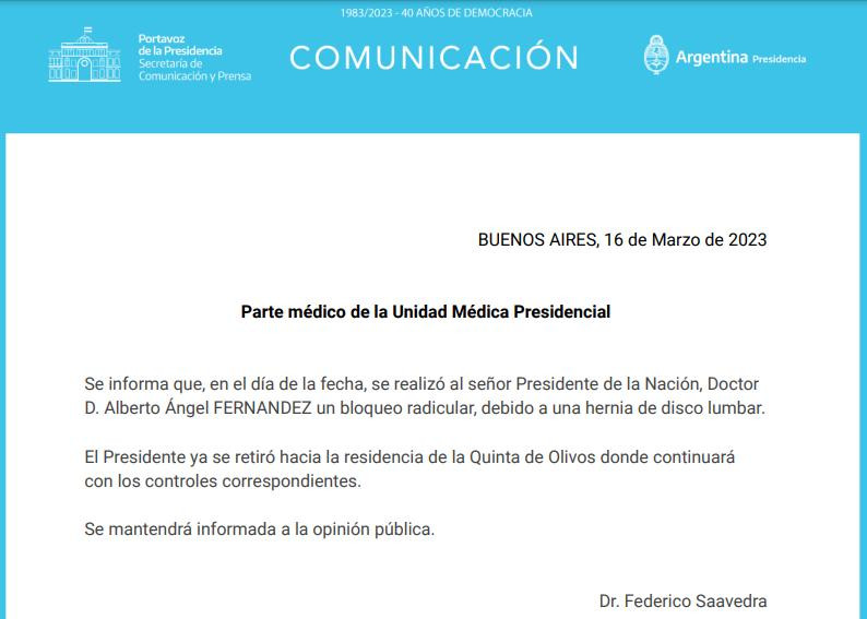 Parte médico sobre la salud de Alberto Fernández. Foto: Unidad Médica Presidencial