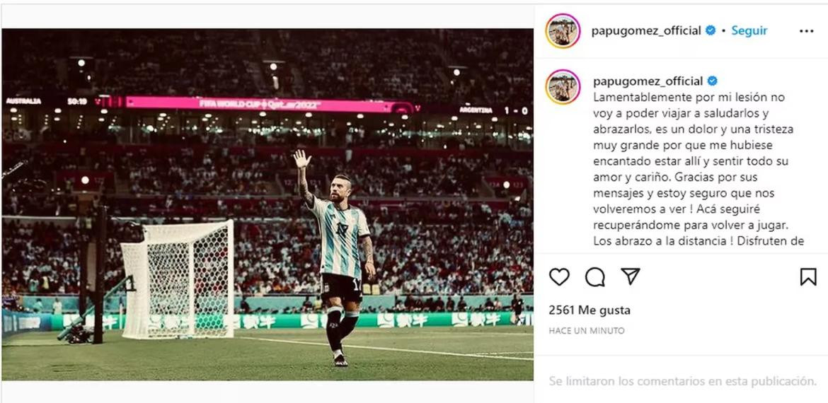 El mensaje del Papu Gómez en Instagram. Foto: @papugomez_official