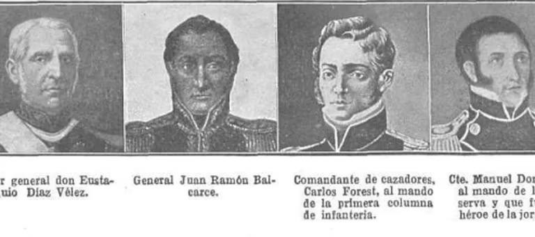 Díaz Vélez, Balcarce, Forest y Dorrego, algunos de los oficiales claves en Tucumám. Ilustración revista Caras y Caretas