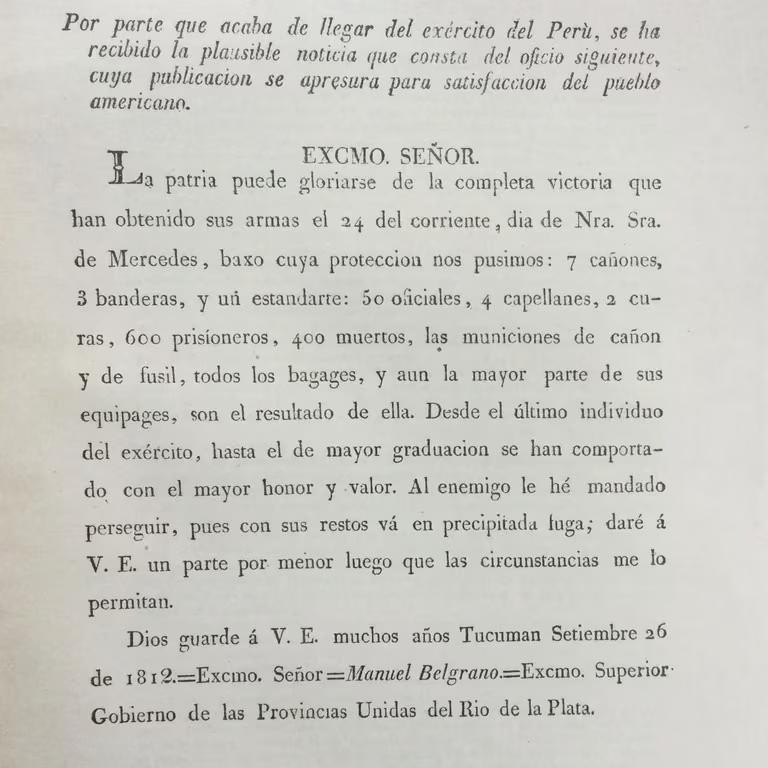 El resultado de la decisión de Belgrano: el parte de batalla que redactó y que fue publicado en la Gaceta de Buenos Aires