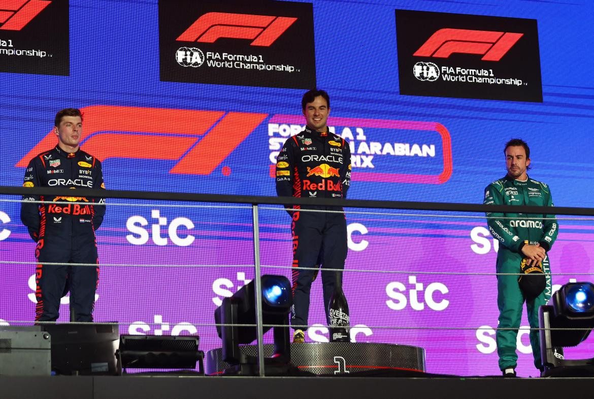 El podio del Gran Premio de Arabia Saudita. Foto: Reuters.