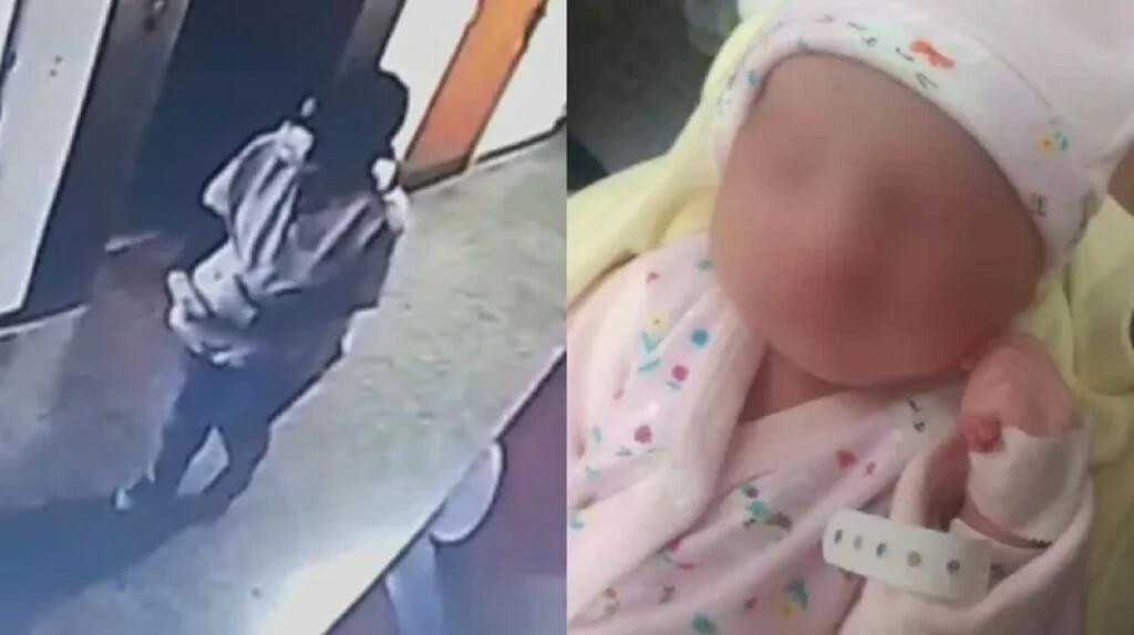 Izquierda: Momento del robo registrado por las cámaras de seguridad. Derecha: Aimara minutos después de nacer. Foto: NA.