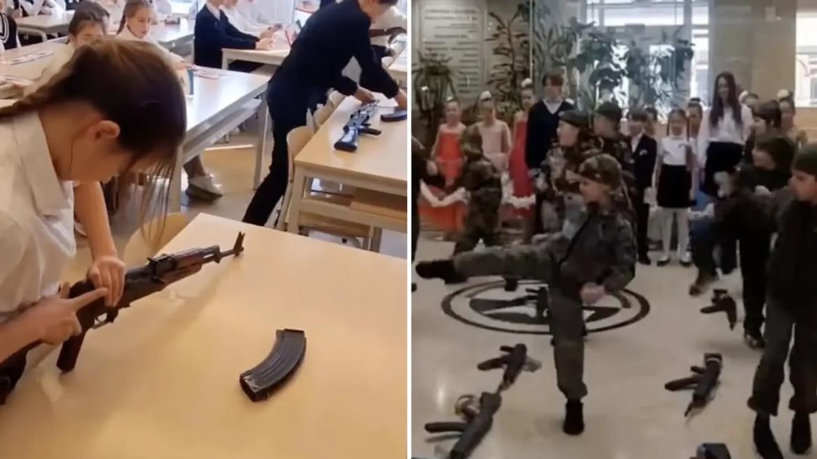 Niños rusos aprenden en el colegio a usar armas. Foto: Captura de video.