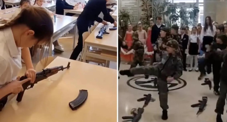 Niños rusos aprenden en el colegio a usar armas. Foto: Captura de video.