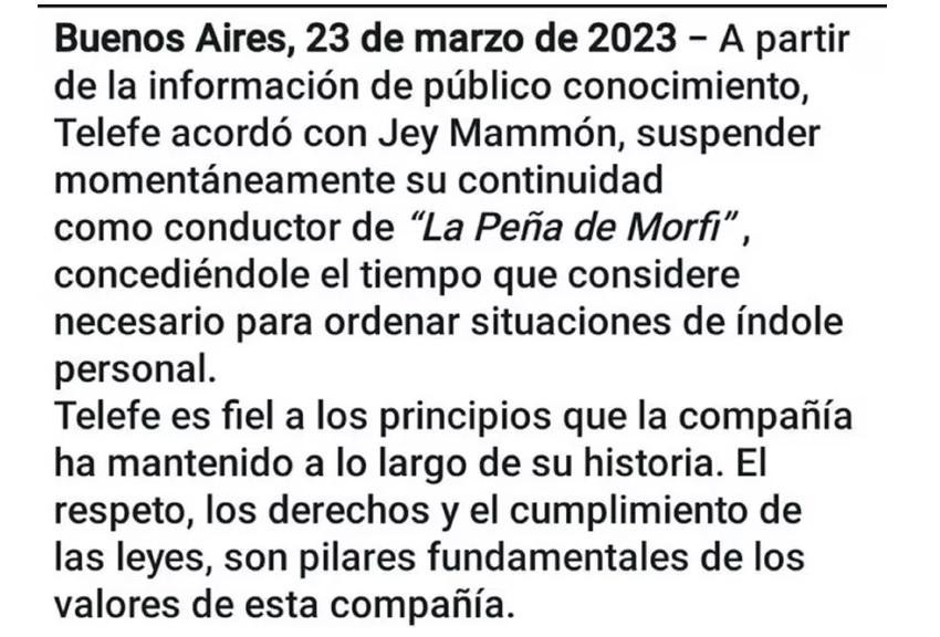 El comunicado de Telefe por Jey Mammon