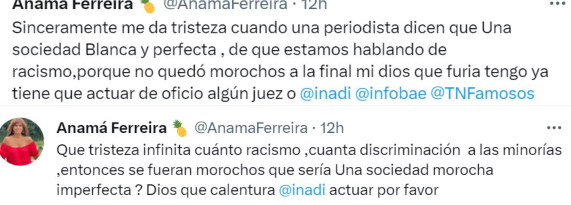 Los comentarios de Anamá Ferreira en Twitter. Fotos: Twitter.