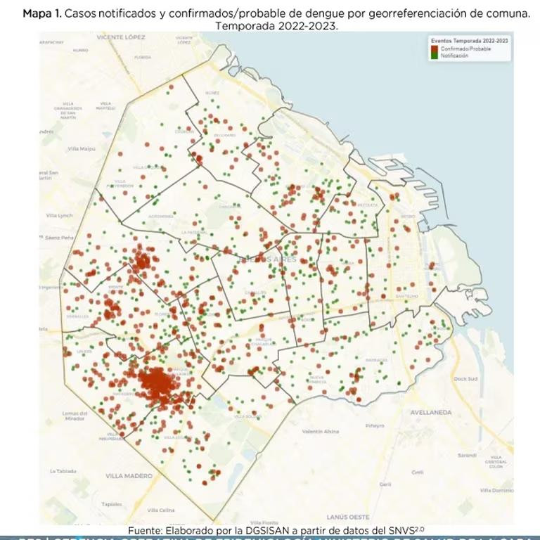 Mapa de casos de dengue en la Ciudad de Buenos Aires. Foto: Boletín Epidemiológico del Ministerio de Salud