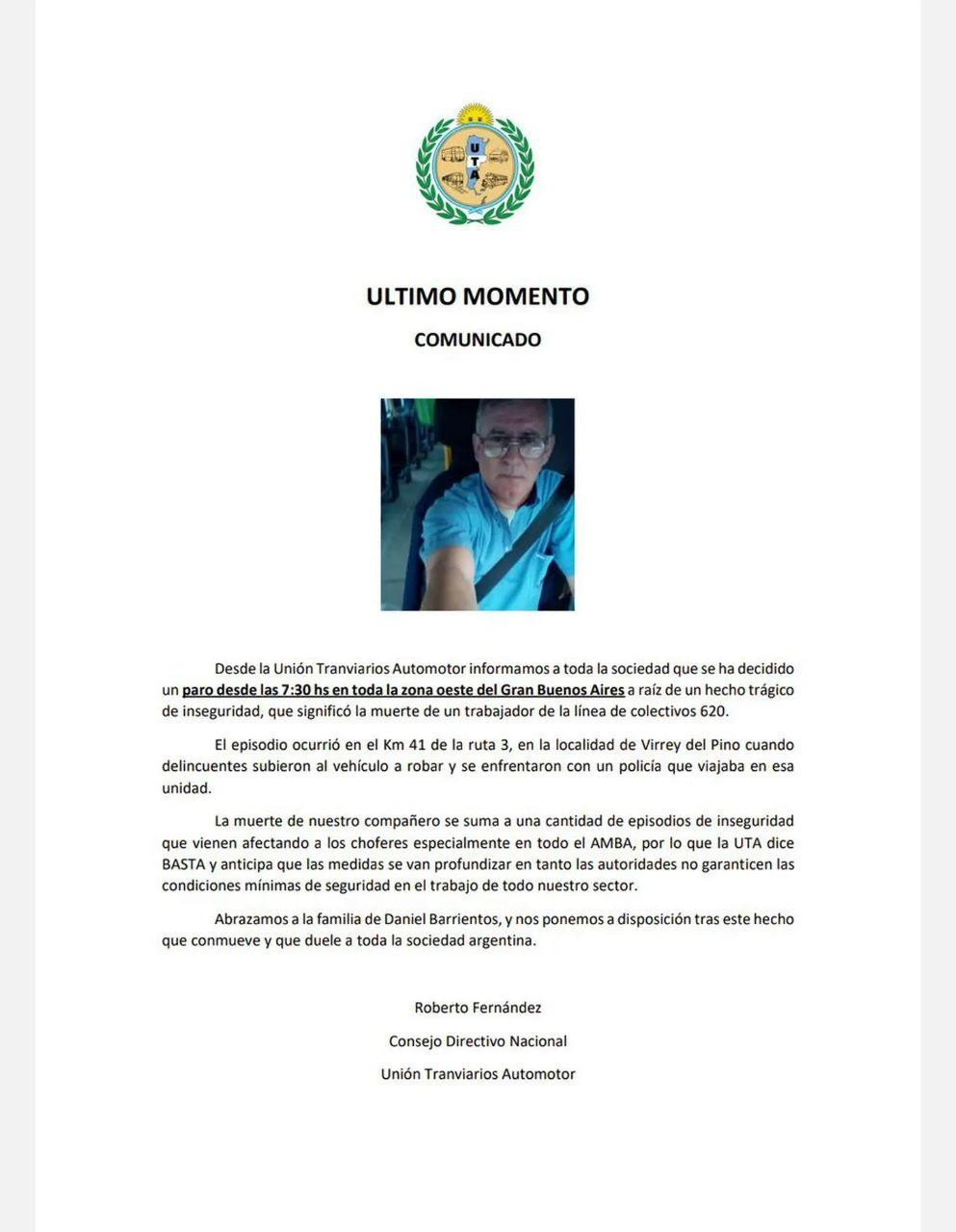 Nota por chofer asesinado, UTA