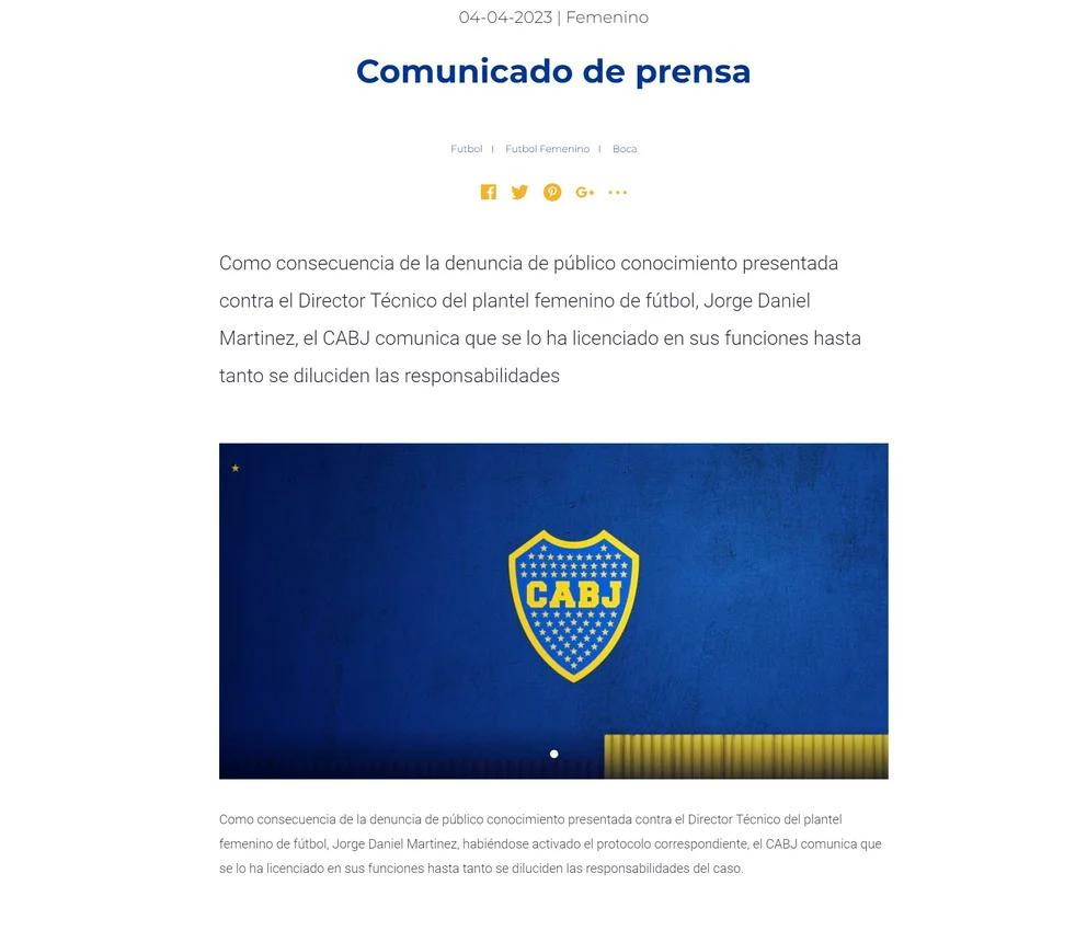 Comunicado de prensa de Boca sobre el técnico del fútbol femenino, Martínez