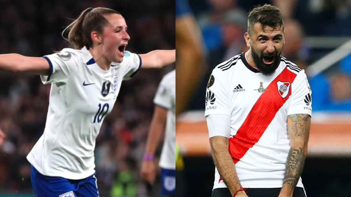 Un gol de Inglaterra en la Finalissima recordó al tanto de Pratto en la final histórica de Madrid. Fotos: Reuters y Los Primeros.